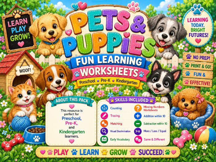 Pets & Puppies Worksheets | Preschool Pre-K Kindergarten Math & Tracing Activities
