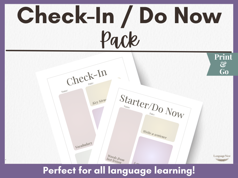 Lesson Check-In Pack: Starters, Do Now, Check-In Worksheet: Spanish, French, German, Italian