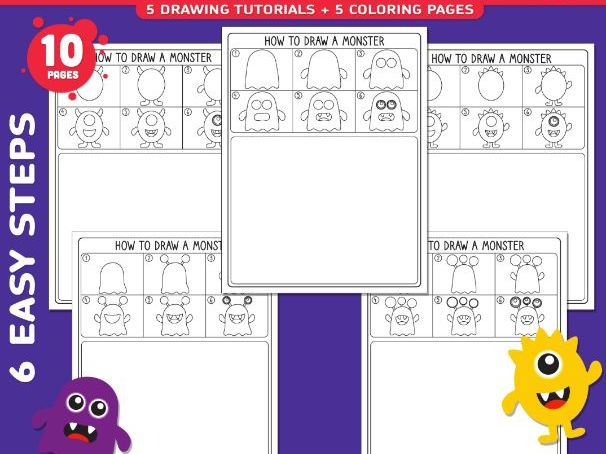 Monster Directed Drawing, How to Draw a Monster, 6 Easy Steps + 5 Coloring Pages
