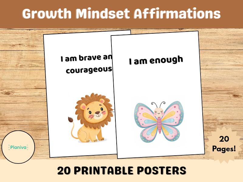 Growth Mindset Affirmations for Kids – 20 Printable Posters for Classroom Display or Home Decor