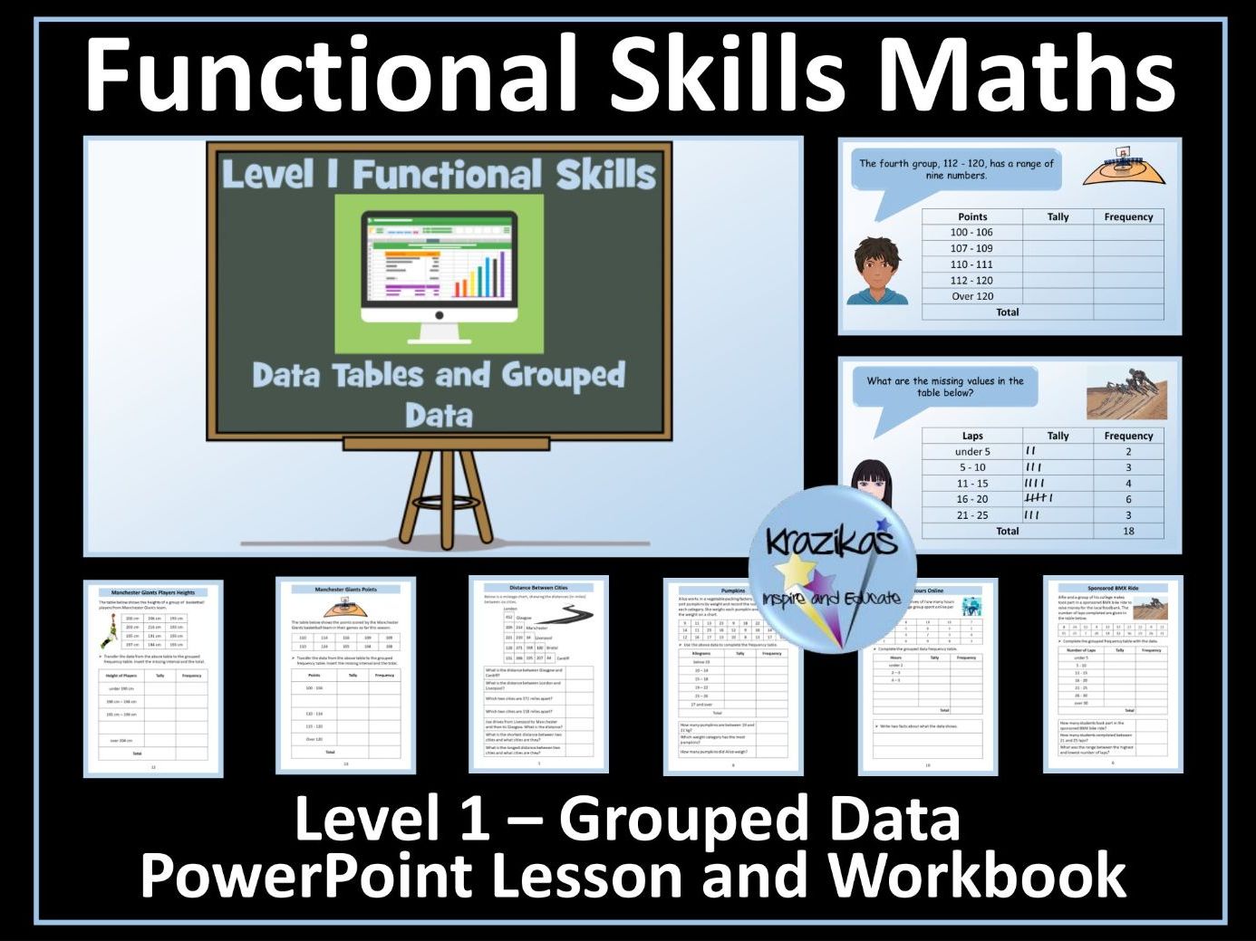 Grouped Data - Statistics - Level 1 Functional Skills Maths - PowerPoint Lesson and Workbook