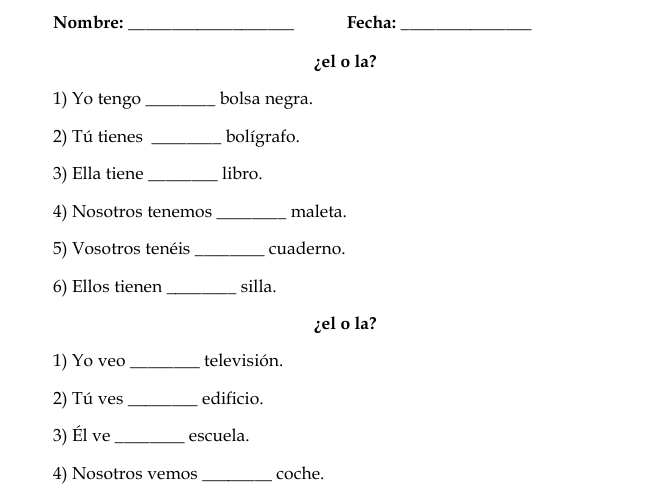 Articles in Spanish, artículos definidos (el, la, los, las) Worksheets