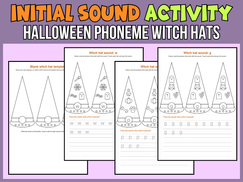 Halloween Phonics Initial Sounds Worksheets - Phoneme Witch Hats EYFS KS1 Activity