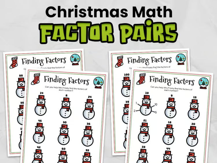 Christmas Snowman Factor Pairs Worksheets | Winter Math Activities for Grade 3–5