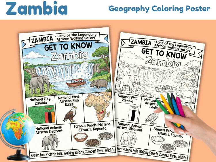 Zambia Geography Coloring Poster | Country Facts & Landmarks