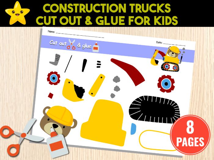 Construction Cut Out and Glue Activity for Boys, Cutting Practice Activity