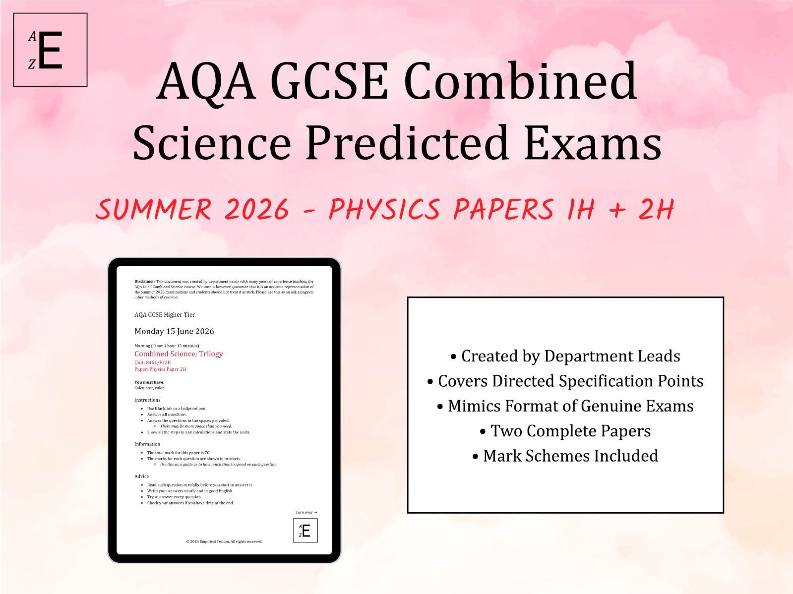 Summer 2026 GCSE Combined Science Predicted Exams - AQA Physics 1H and 2H (Higher Tier)