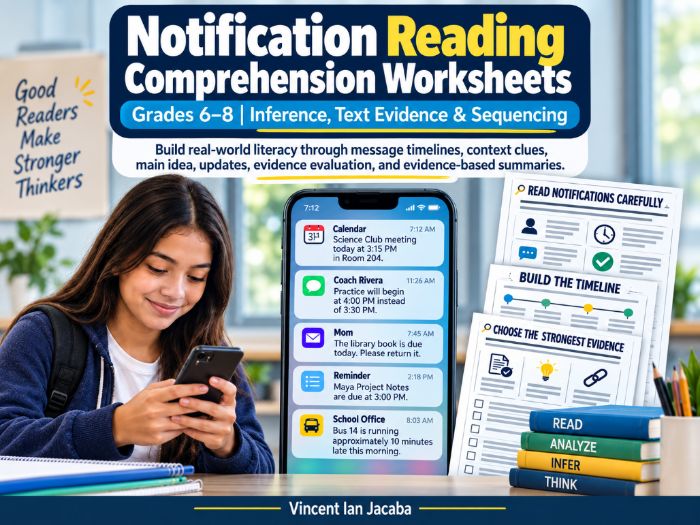 Notification Reading Comprehension Worksheets | Inference, Text Evidence & Sequencing | Grades 6–8