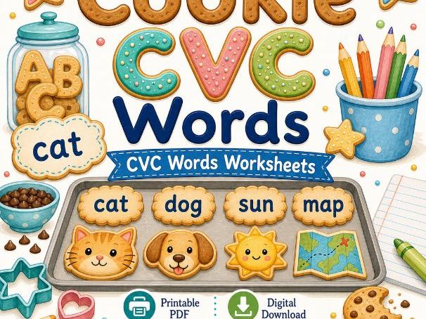 Cookie CVC Word Worksheets for Kids