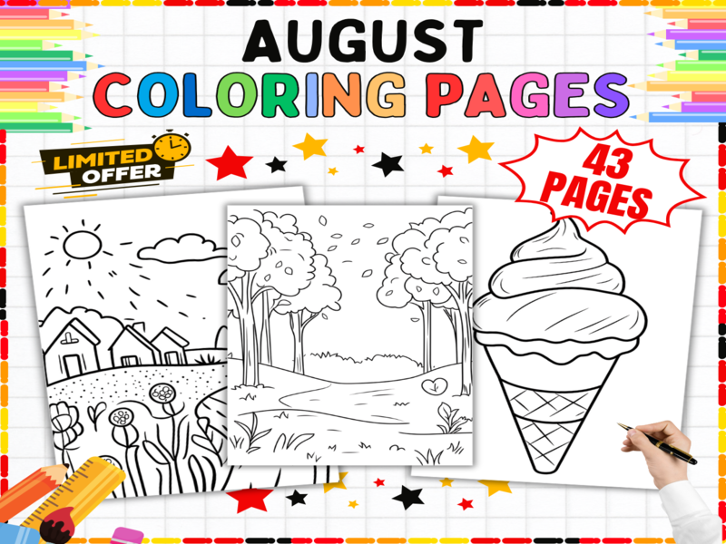 43 August Colouring Pages | Summer Art Activities | Nature Scenes Ice Cream Printable Worksheets