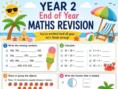 Year 2 End of Year Maths Revision Worksheet | Summer-Themed Maths Activity | KS1 Printable PDF