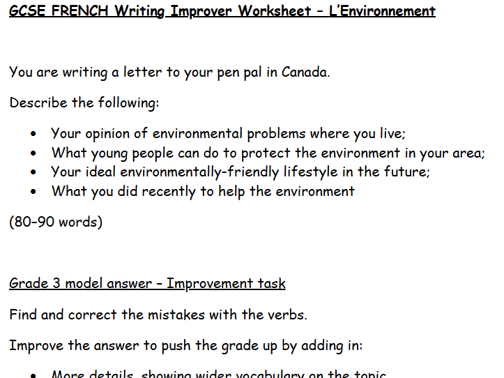 GCSE French Writing Improver - Environment