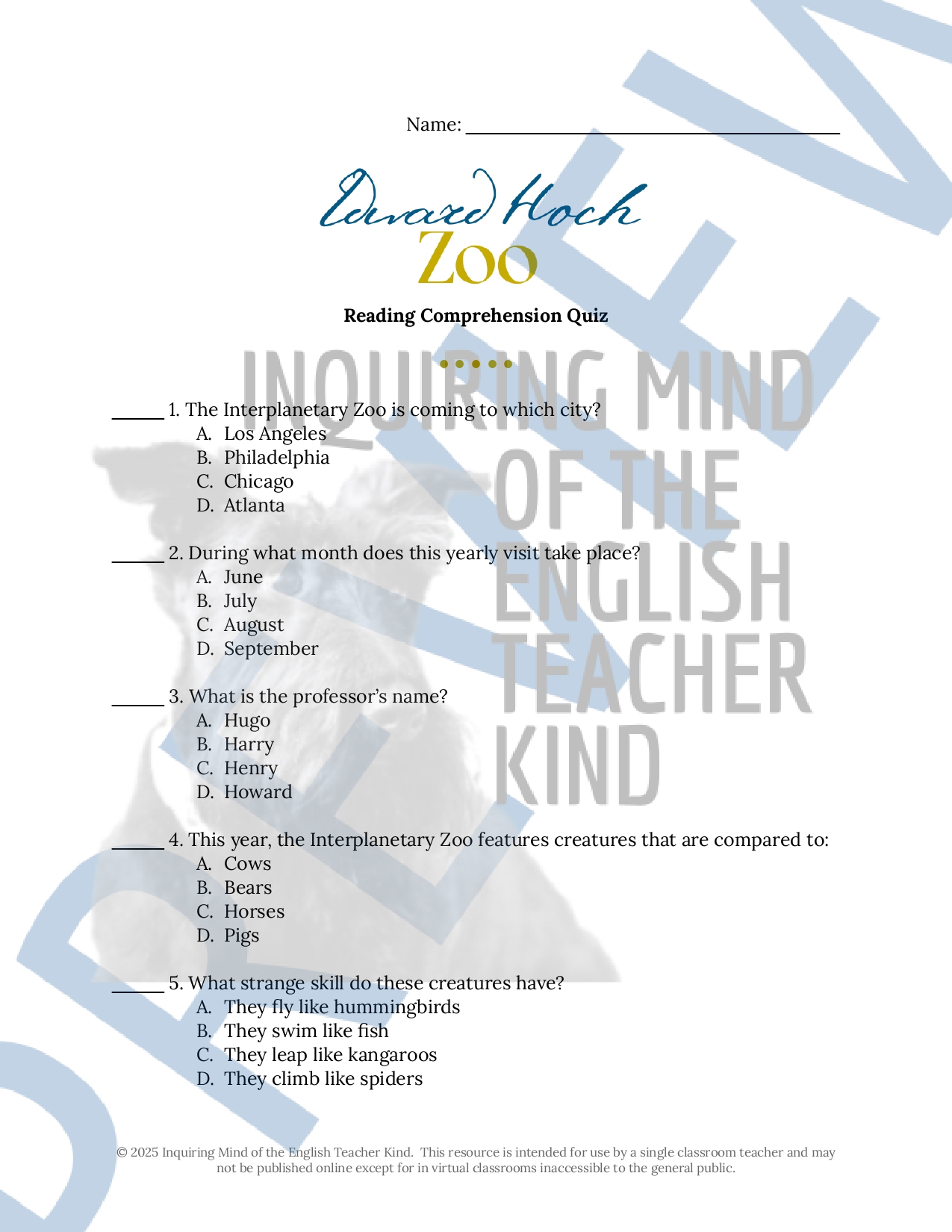 "Zoo" by Edward Hoch Quiz and Answer Key (Science Fiction Short Story) Teaching Resources