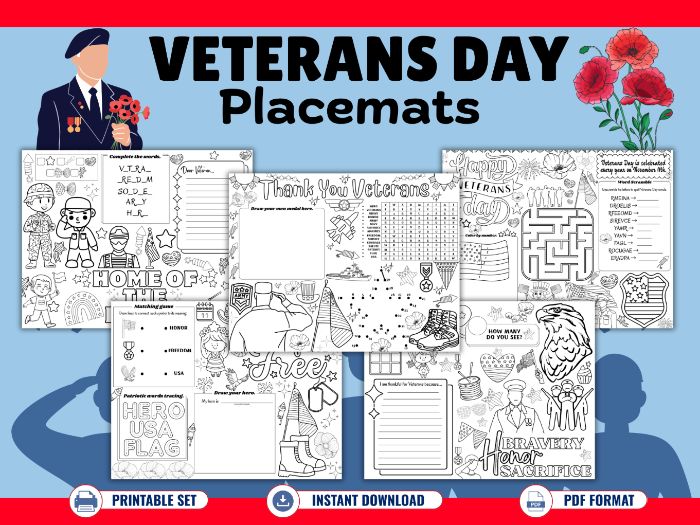 Veteran's Day Printable Activity Placemat Pages-For Grades K-3rd