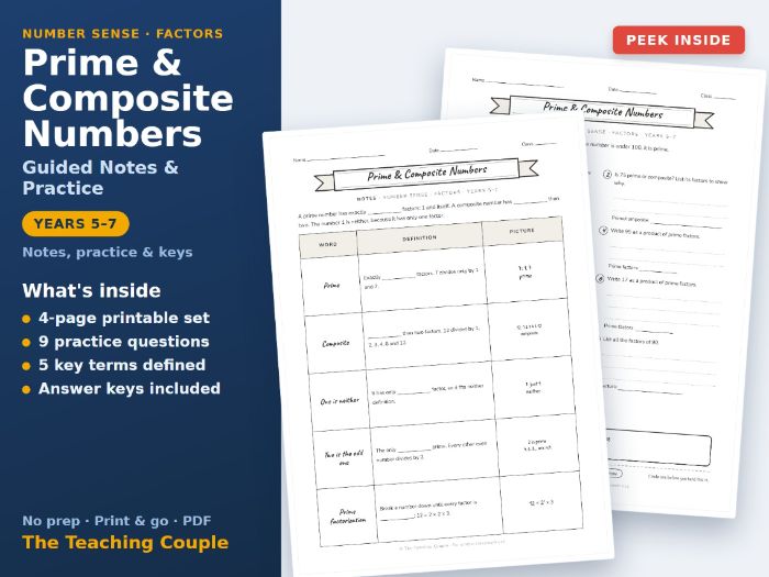 Prime & Composite Numbers Sketch Notes & Practice + Answer Keys
