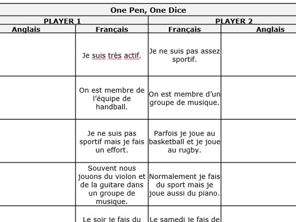 AQA NEW GCSE Foundation Module 1 unit 2  One pen one dice: Tu as une vie active?