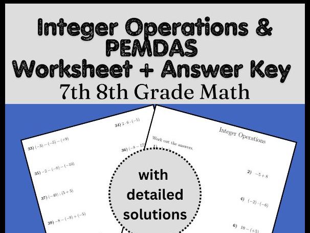 Integer Operations & PEMDAS Worksheet + Answer Key | 7th 8th Grade Math