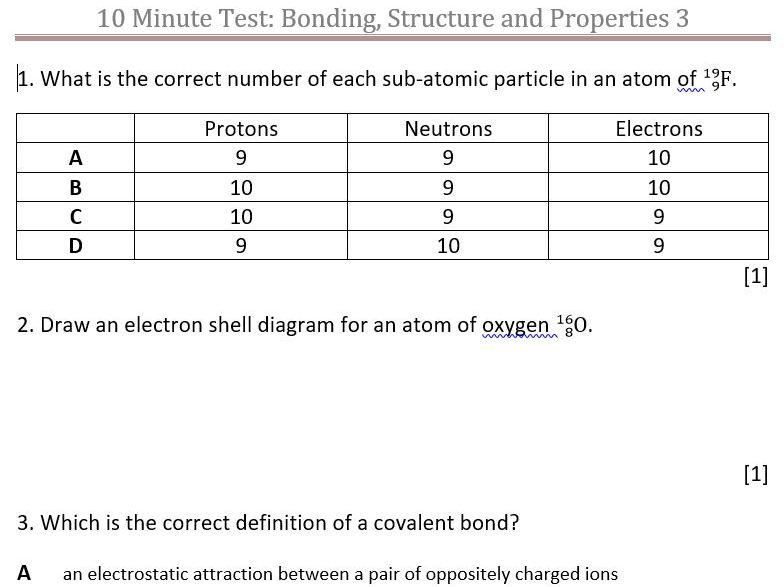 GCSE Structure and Bonding 'Ten Minute Tests'