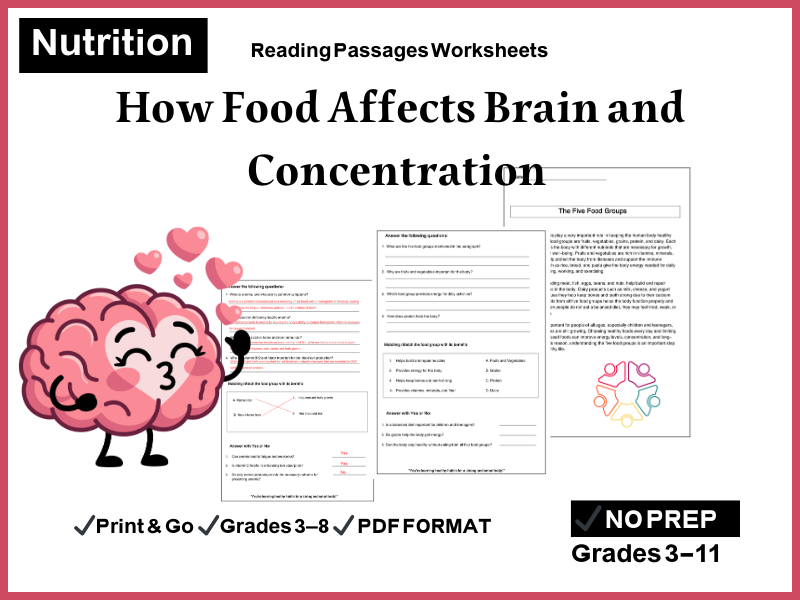How Food Affects Brain and Concentration Reading Comprehension Passages & Questions Worksheets