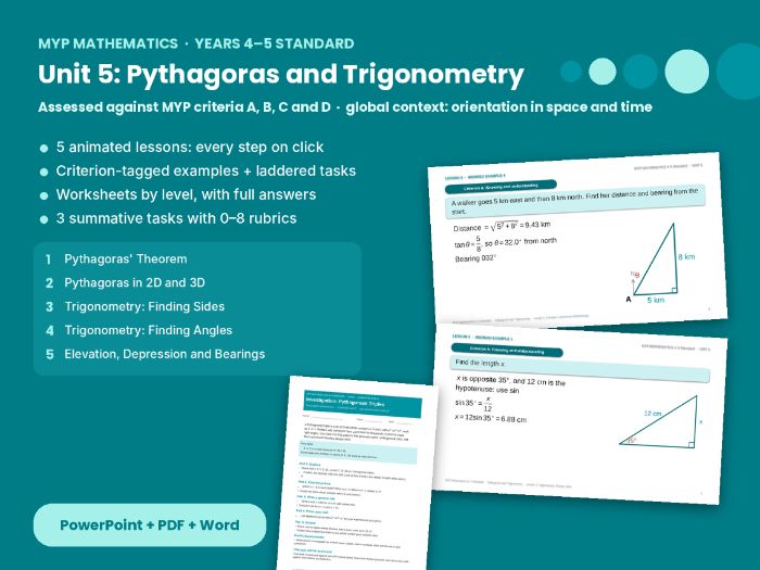 MYP Maths 4–5 Pythagoras & Trigonometry – Unit 5: 5 lessons, criteria A–D tasks and rubrics