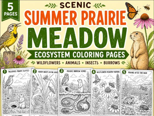 Scenic Summer Prairie Meadow Ecosystem Coloring Pages for Kids | Grasslands pack (k-Grade 3)