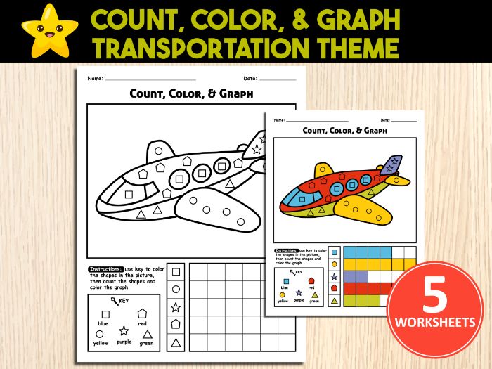 Color, Count and Graph Shapes Transportation | Math Worksheets For Preschoolers