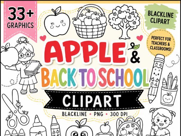 Apple & Back to School Clipart | Blackline Classroom Clip Art | School Supplies