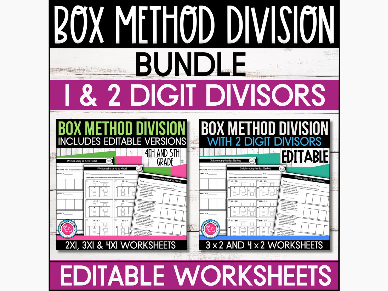 EDITABLE Box Method Division Worksheets Bundle 1 and 2 Digit Divisors