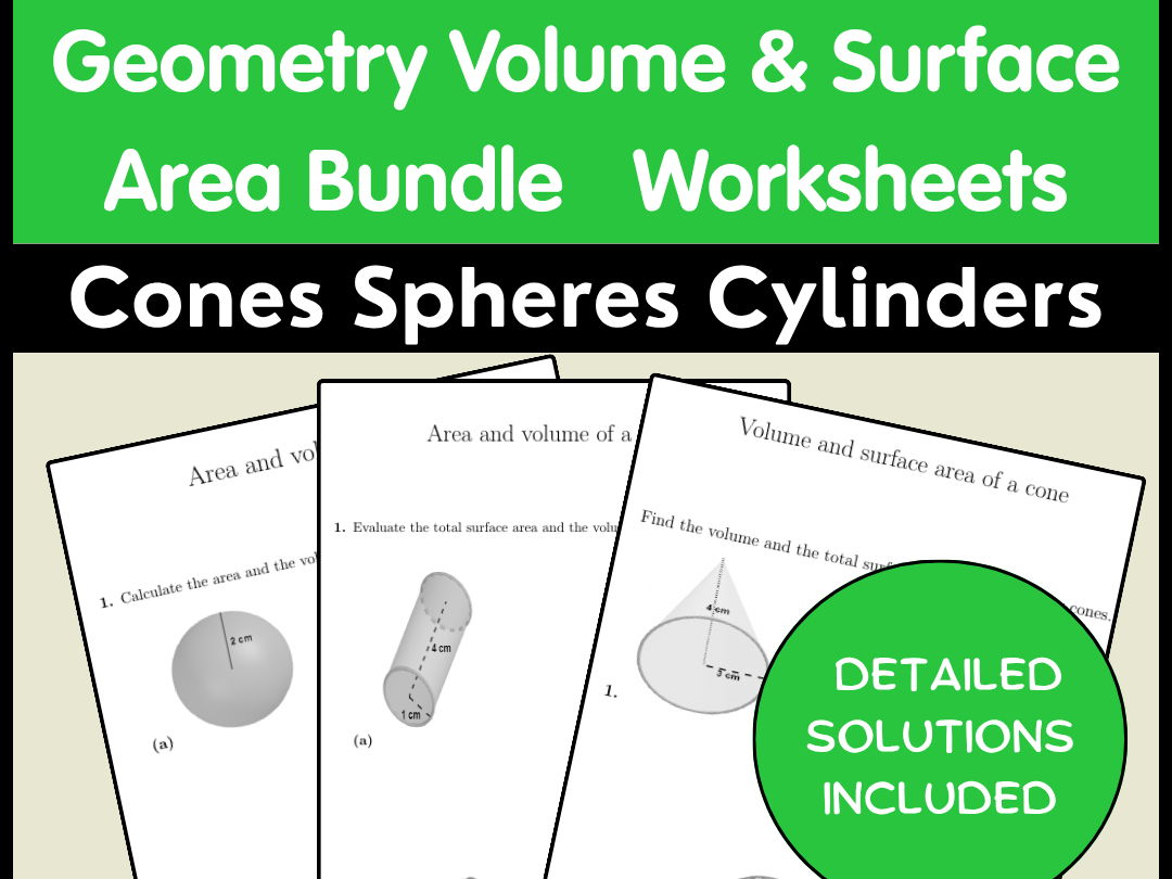 Geometry Volume & Surface Area Bundle | Cones Spheres Cylinders Worksheets