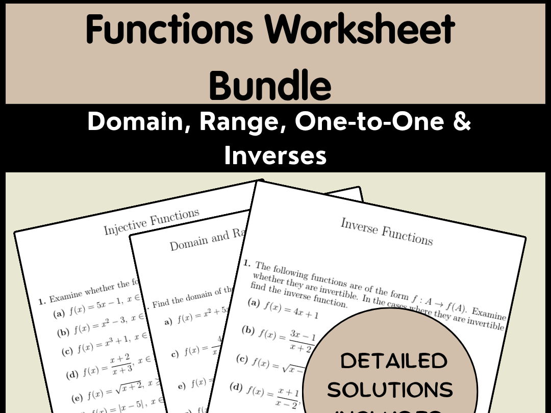 Functions Worksheet Bundle: Domain, Range, One-to-One & Inverses