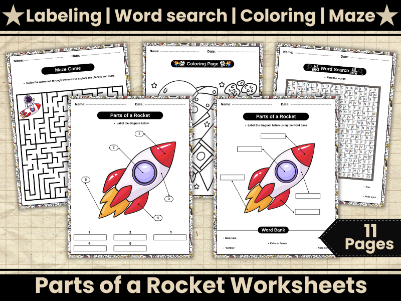 Parts of a Rocket-Outer Space Activities-Wordsearch,Coloring,Maze-Space Science & STEM Activity