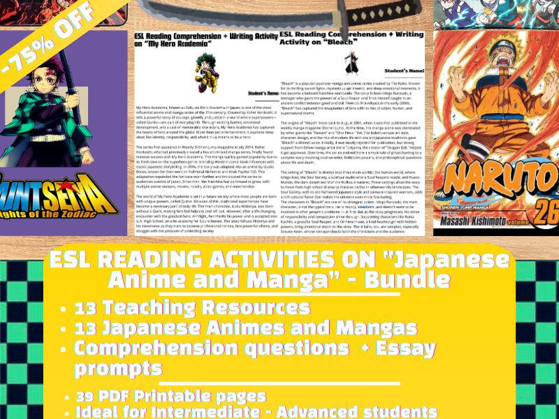 ESL Reading Comprehension + Writing Activity - Japanese Anime and Manga - Bundle -75% OFF