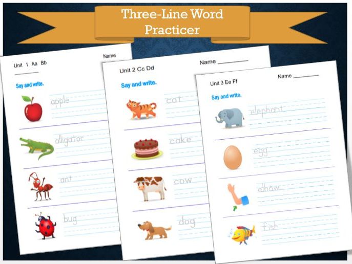 Three-Line Word Practice from A to Z | Handwriting Worksheets with Pictures