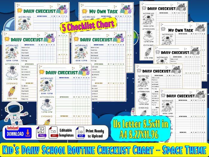 Kid’s Daily School Routine Checklist Chart -Space Theme