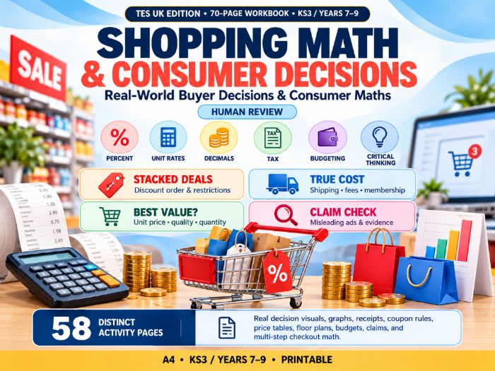 Shopping Maths & Consumer Decisions  KS3 Years 7–9  70-Page Financial Maths Worksheets with Answers