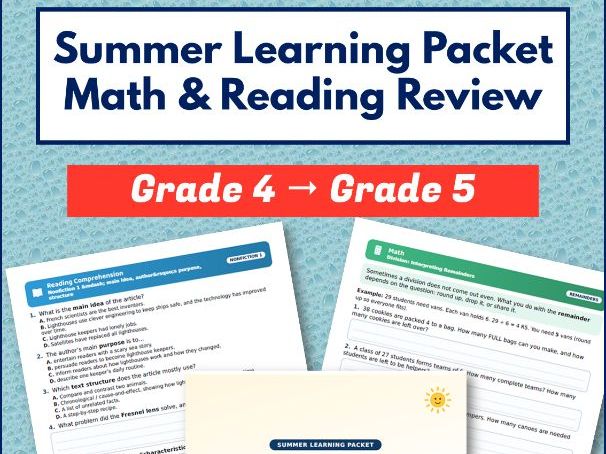 Summer Learning Packet Grade 4 to Grade 5 | Math & Reading Review