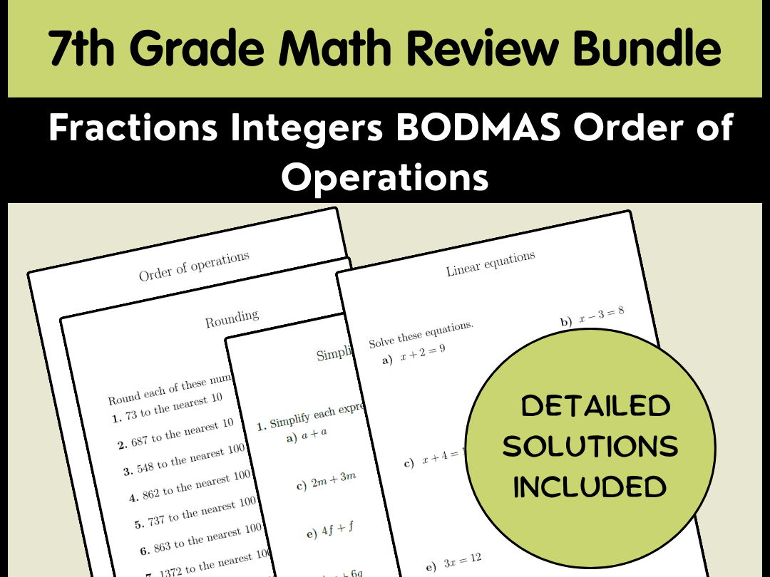 7th Grade Math Review Bundle | Fractions Integers BODMAS Order of Operations