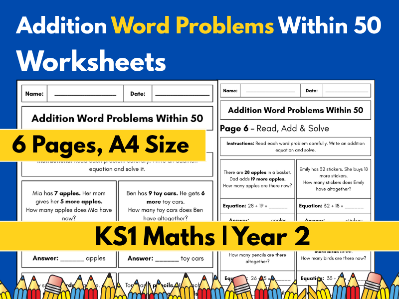Addition Word Problems Within 50 Worksheets | KS1 Maths | Year 2