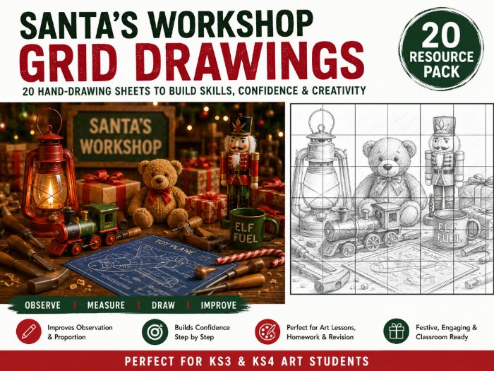 Santa’s Workshop Grid Drawing Worksheets | 20 Christmas Art Activities | KS3 & KS4