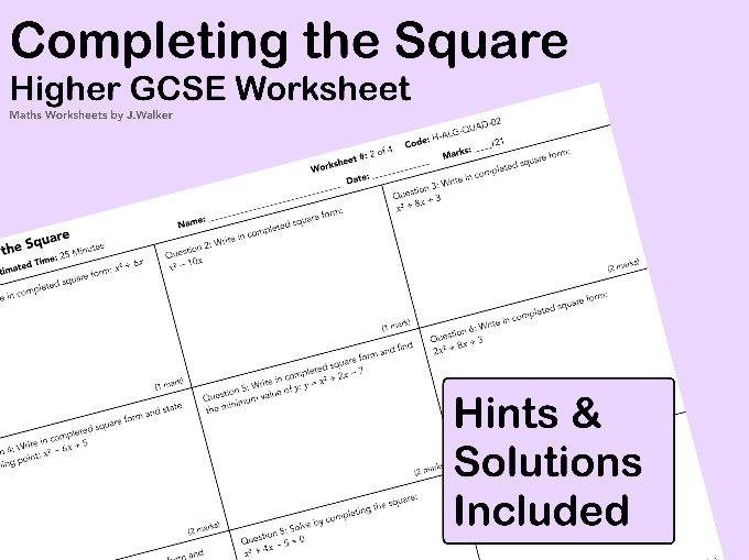 GCSE Maths Worksheet: Completing the Square - Higher Tier