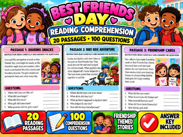 Best Friends Day Reading Comprehension | 20 Passages, 100 Questions & Answer Key