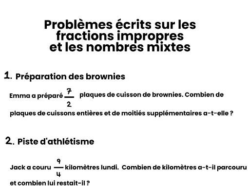 Problèmes Écrits sur les Fractions Impropres et les Nombres Mixtes