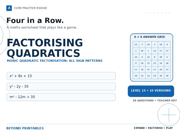 Factorising Quadratics Four in a Row | x² + 8x + 15 : Level 15 | 10 Maths Games