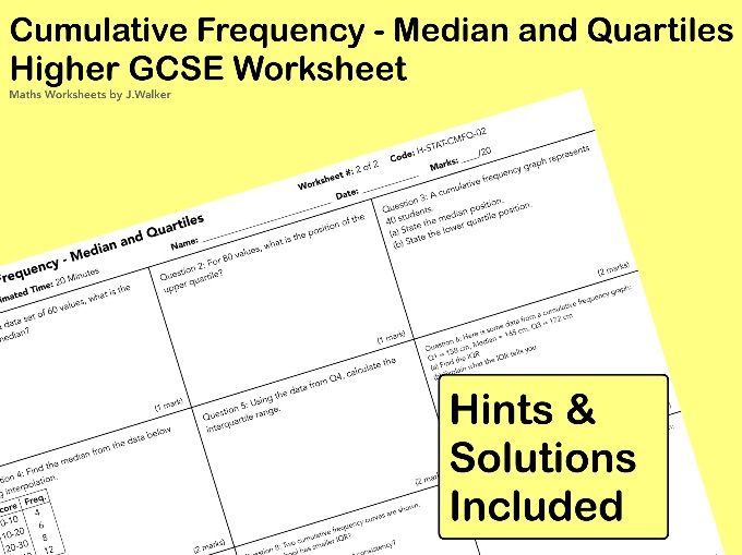 GCSE Maths Worksheet: Cumulative Frequency - Median and Quartiles - Higher Tier