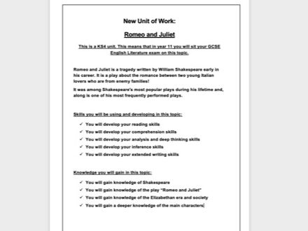 Unit Front Sheet - Romeo and Juliet