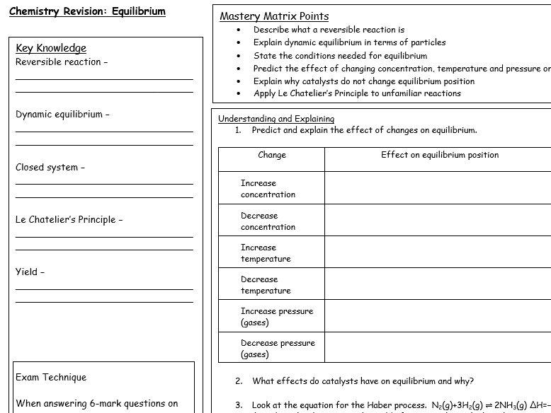 GCSE OCR Gateway A  Equilibrium revision mat and exam question