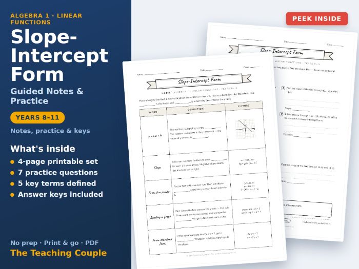 Slope-Intercept Form Guided Notes & Practice + Answer Keys