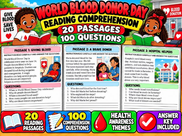 World Blood Donor Day Reading Comprehension | 20 Passages, 100 Questions & Answer Key
