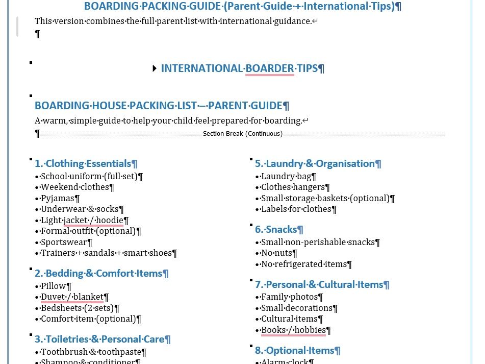 Boarding / Residential Packing List