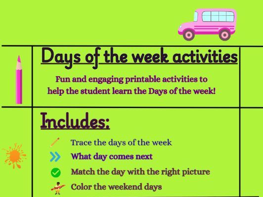 Days of the week activities! Kindergarten worksheets! USA curriculum! Tracing and matching